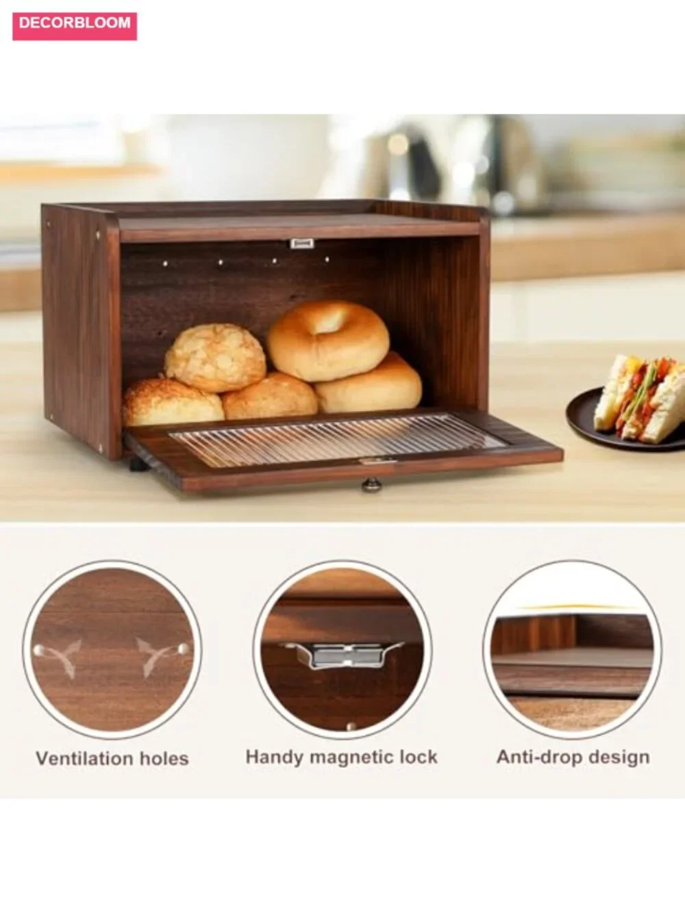 Wooden Bread Box with Acrylic Door for Kitchen Countertop Storage